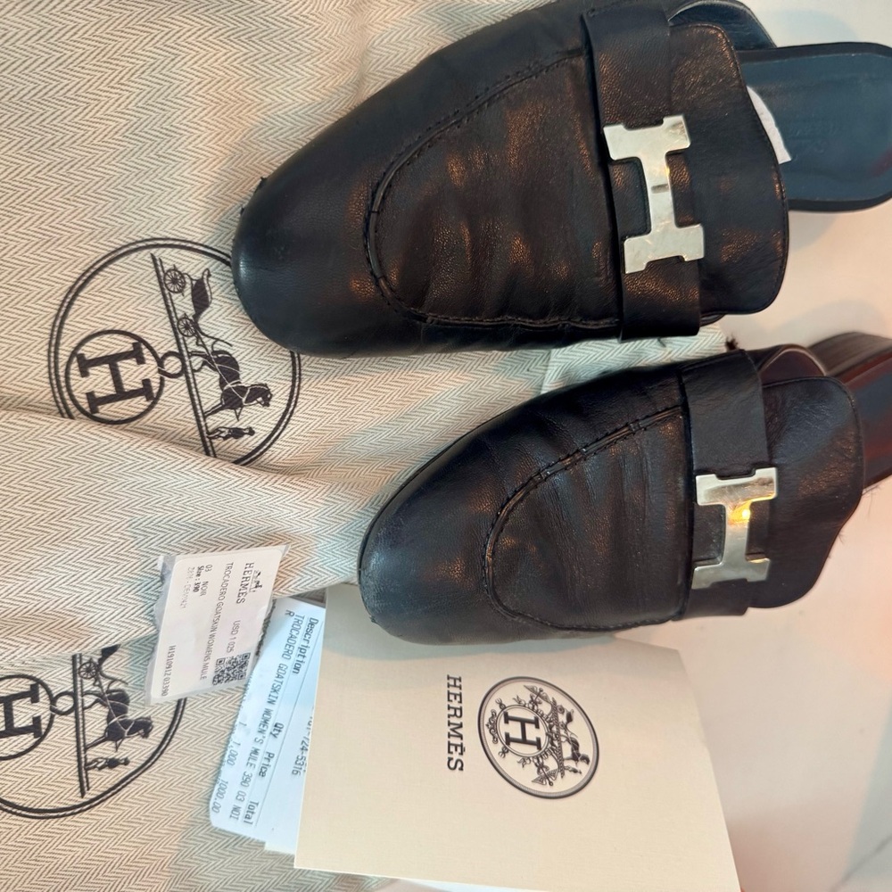 Hermes Black Leather Womwns Slip-On Loafers, sz.39